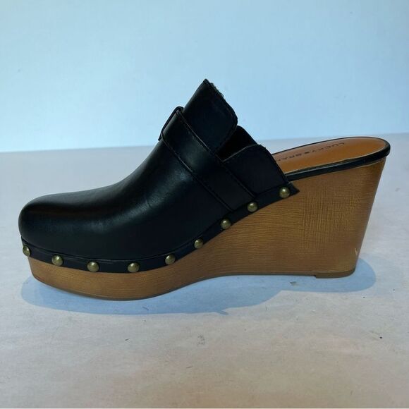 Lucky Brand Black Leather Mules with Wooden Wedge - Picture 3 of 9